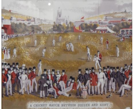 After William Drummond and Charles Jones BasebeColoured print on silk"A Cricket Match between Sussex and Kent", 57cm x 60cm 