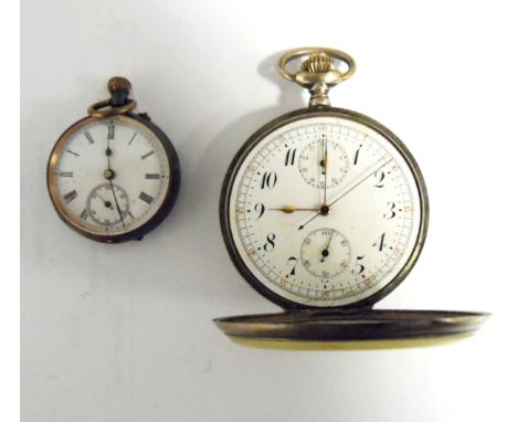 Silver open-faced pocket watch, the enamel dial with two subsidiary dials and a gun-metal fob watch (2) 