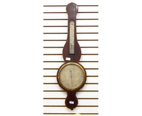 Georgian wheel barometer, the mahogany case with boxwood stringing, with thermometer aperture and the silvered dial inscribed
