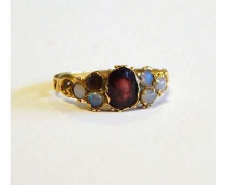 Victorian garnet and opal ring (one opal missing), 18ct gold ring set with green paste and a blue paste set ring marked 18ct 