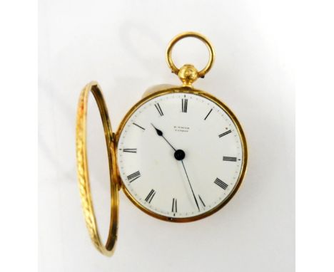 Victorian 18ct gold open-faced fob watch, the case marked for Sheffield 1896 and with engraved foliate scrolls, the enamel di