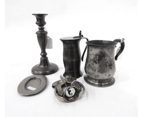 Victorian pewter mug, a pewter candlestick, inkwell, etc. 