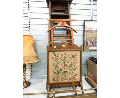 Brass fire curb, a gentleman's valet stand, a vintage stepladder distressed with paint, a fishing rod and a wooden framed fir