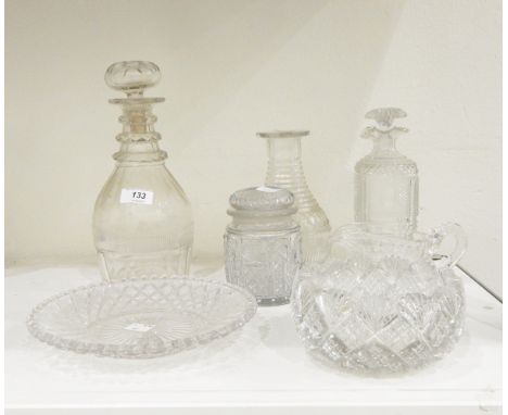 19th century decanter with triple ring neck, a cut glass bowl with hobnail decoration, a 19th century jug and four other item