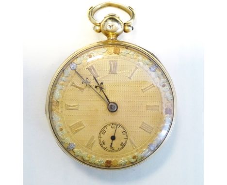 18ct gold open-faced pocket watch (case marks rubbed), the gilt face with engine-turned decoration within a four-colour flora