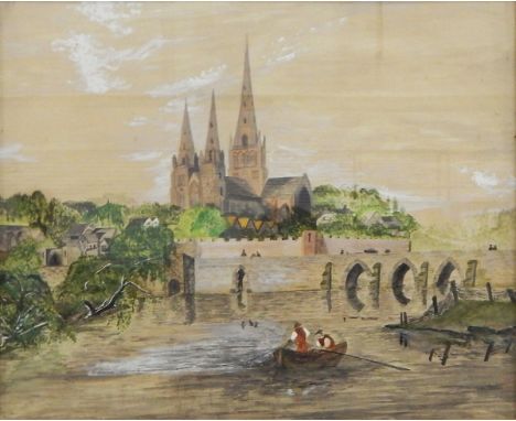 UnattributedWatercolour and bodycolour  Church in the background with a bridge and river, two figures in boat fishing with ne