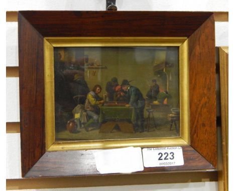 Northern European school Oil on panelInterior tavern scene with figures playing board game, 8cm x 11cm 