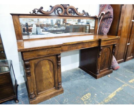 19th century mahogany incuse breakfront mirror-backed pedestal sideboard with two cupboards, 200cm wide (mirror cracked on le