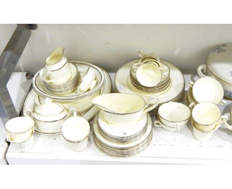 Minton 'Bridal Veil' part table service comprising plates of three sizes, teacups and saucers, serving dishes, bowls, jugs, e