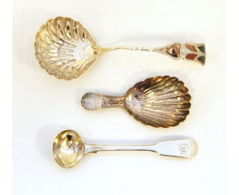 Victorian silver sugar sifter spoon, a Georgian silver tea caddy spoon and a William IV silver fiddle pattern salt spoon (3) 