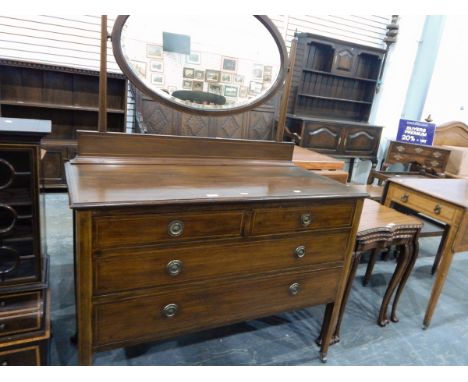 Mirror-backed dressing chest of two short and two long drawers with circular handles, satin and boxwood stringing, on square 