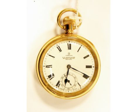 Omega gold-plated open-faced gentleman's pocket watch with enamel dial, Roman numerals, with subsidiary seconds hand dial, W 