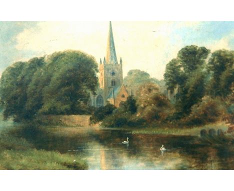 A 19th century watercolour, Village scene by a river, framed, Oil on canvas, A church by a river with swans within a gilt fra