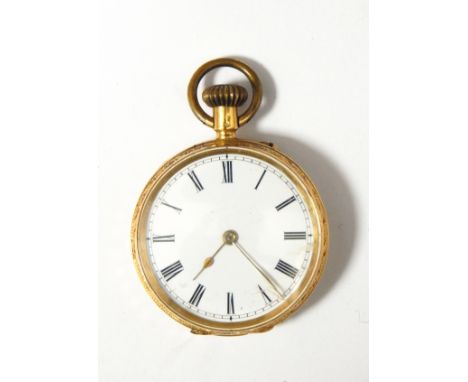Gold open-faced fob watch with engraved foliate scroll decoration, the enamel dial with Roman numerals, marked 18K 