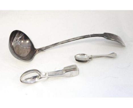 Set of four silver coffee spoons with trefoil finials, London 1922 together with a set of six silver fiddle pattern teaspoons