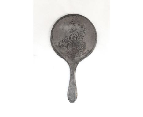 A silver backed hand mirror, engine turned having engraved initial 'G' and a silver top ebonised cane (2)