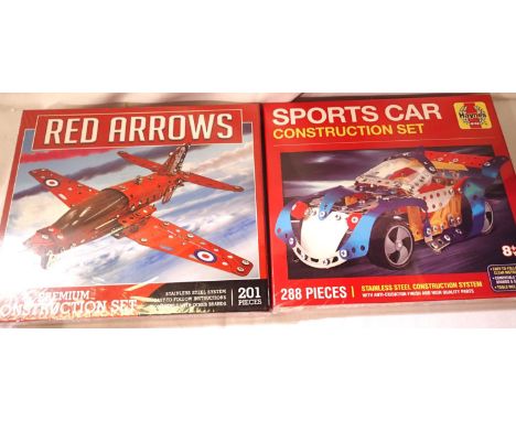 Two Meccano style Stainless style construction kits, sports car and Red Arrows set, both sealed/new and boxed. P&amp;P Group 