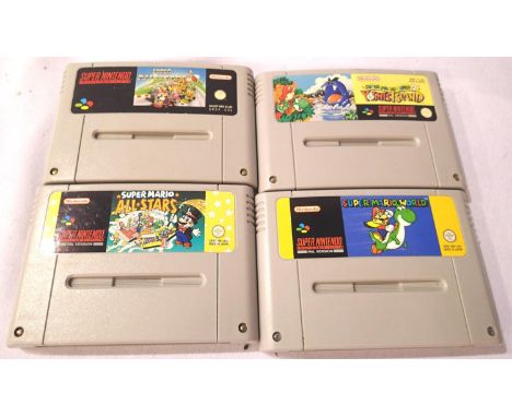Four Super Nintendo games; Super Mario World, Yoshis Island, Super Mario Kart and Super Mario Allstars. P&amp;P Group 1 (£14+