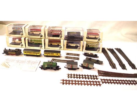 N gauge Model Railway items including x10 Oxford buses, Shredded Wheat train and coaches (static model), wagons, points, fish