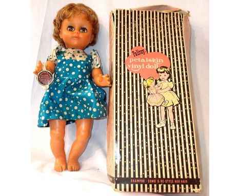Vintage Cherry Craft vinyl doll with sleep eyes, original label and clothing. Comes in Palitoy Petalskin doll box. P&amp;P Gr