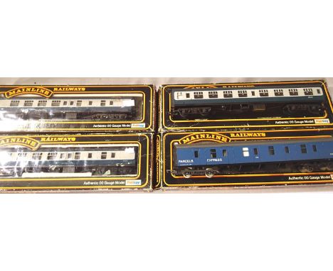 Four OO coaches, Mainline Blue/Grey brake end x2, Mainline Blue/Grey composite, and Lima Blue Parcels Express, in very good t