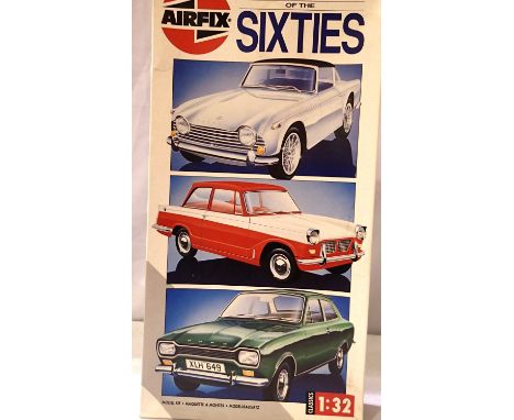 Airfix plastic kit 1/32 scale, three cars of the sixties; Triumph Herald, Ford Escort, Triumph TR4, appears complete, Escort 