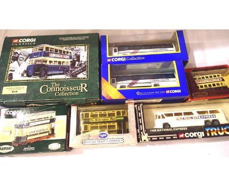 Six Corgi Classic buses and trams including Connoisseur Collection, Swindon Guy Arab Utility bus. Mostly excellent condition,