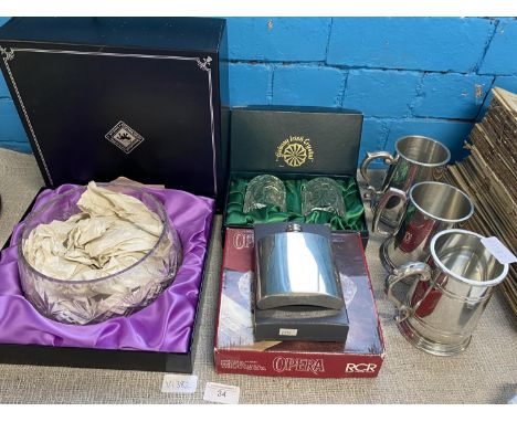 A selection of boxed crystal including Edinburgh as well as tankards and a hip flask 