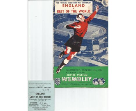 Football, England vs The Rest of the World at Wembley, official vintage programme dated 21st October 1953 complete with a mat