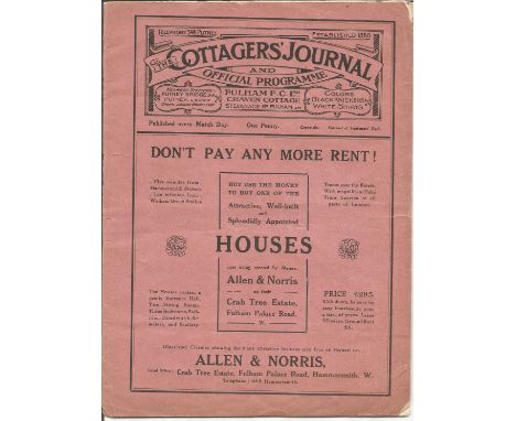 Football, Fulham vs. Blackpool programme from the English League, September 23rd, 1911. Very Rare due to its age. This progra