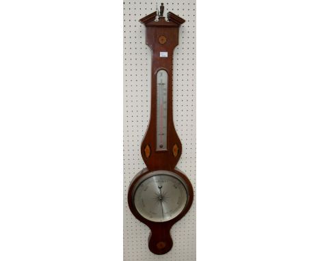 A mahogany cased and paterae inlaid ''banjo'' barometer thermometer having silvered register, height 104cm
