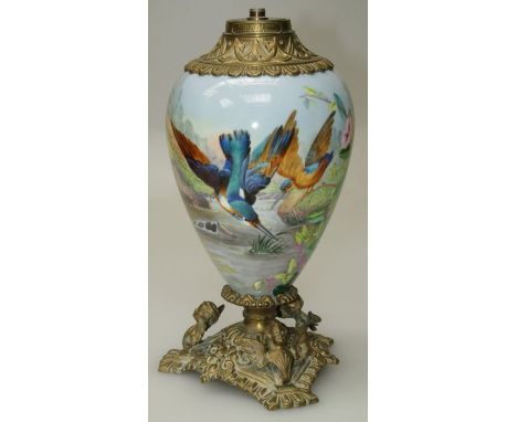 An Edwardian hand painted porcelain and gilt metal paraffin lamp base (converted and drilled for electricity), the body decor