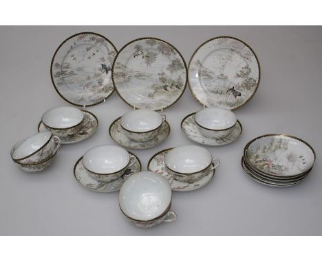 A well painted early 20th century Japanese 'eggshell' porcelain part tea service, comprising nine tea cups and saucers and th