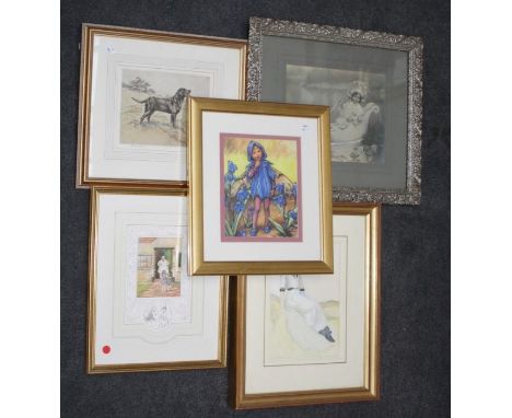 A pencil signed limited edition print of a black Labrador in a landscape, together with various nursery and other prints, col