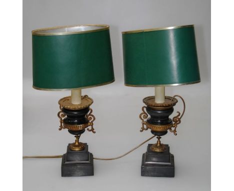 A pair of 19th century ebonised and gilt urns converted to lamps with shades. 55cm height overall, and a late George III copp