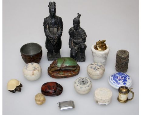 A small quantity of decorative items including circular ceramic boxes and cases and an Art Deco style cigarette lighter