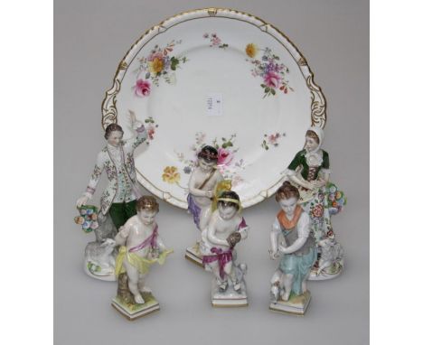 A set of four early 20th century German porcelain figures, representative of the seasons, 13cm, together with a pair of Sitze