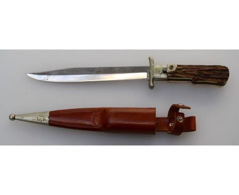 Carl Schlieper, an antler handled folding 'Bowie' knife, the named blade marked Soligen, Germany. Total length 31cm, in a whi