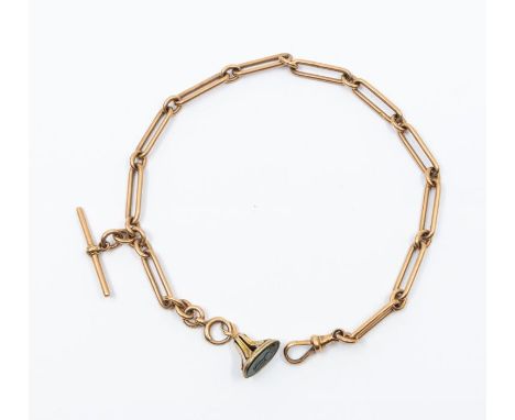 A late Victorian 9ct rose gold chain, comprising lozenge shaped links, length approx. 14'', with T bar and toggle clasp fitti