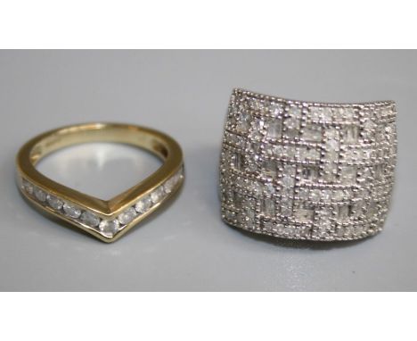 A sterling silver diamond dress Ring, grain set numerous baguette and round brilliant-cut diamonds in lattice design, estimat