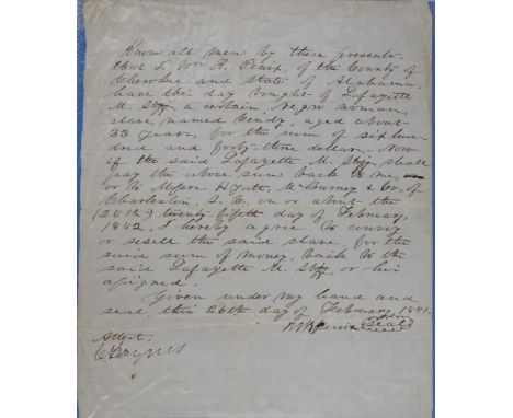 A mid 19th century contract letter between Mr R Penix (?) of the Count of Cherokee Alabama and a Mr Lafayette (?) for the pur