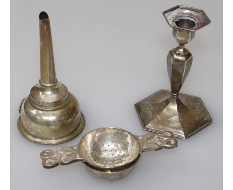 Pruden and Smith, a hammered silver tea strainer and stand with entwined swan handles, Sheffield 1997, a silver wine funnel a