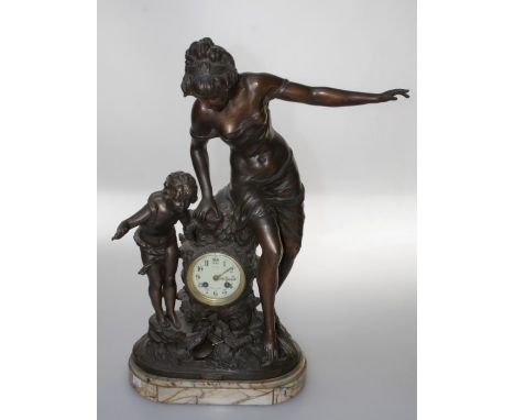 After Louis Moreau 1855-1919 and Francis Moreau 1857-1930, FrenchA large late 19th century bronzed spelter figural mantel clo