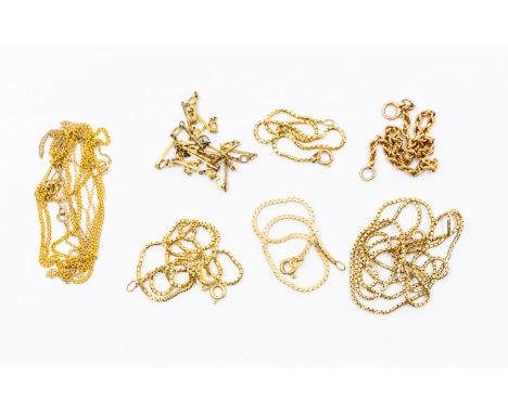 A collection of 9ct gold and unmarked yellow metal chains and bracelets to include&nbsp;a fancy link&nbsp;chain, unmarked ass