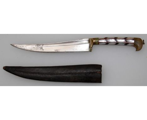 A 19th century Persian dagger with curved steel blade and horn mounted Mother of Pearl handle in stitched leather scabbard. 2