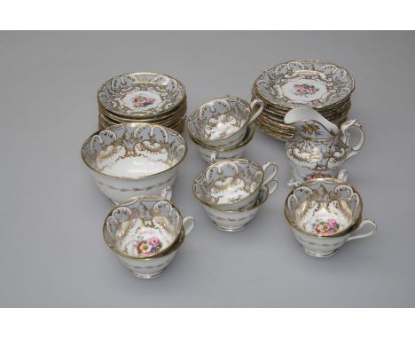 A Staffordshire porcelain part table set, the grey ground decorated with ivory reserve panel and flowers, 9 cups, 11 saucers,