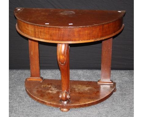 A Victorian mahogany demi-lune washstand, converted for storage with rising lid, on cabriole support and plinth, 90cm wide