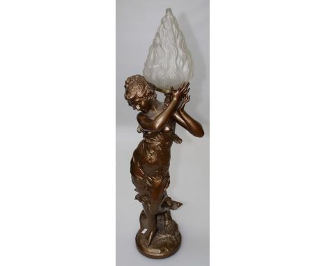 After Auguste Moreau 1834-1912 FrenchA gilt spelter figure of a young woman adapted as a lamp with later frosted shade, heigh