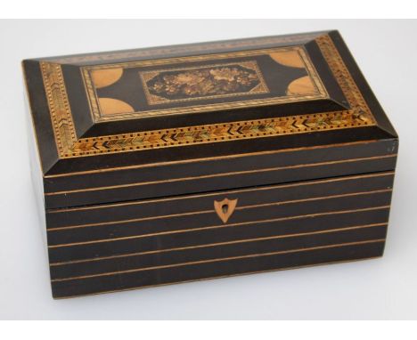 A 19th century ebonised, boxwood strung, feather banded and Tonbridge inlard tea caddy, converted for jewellery with blue plu