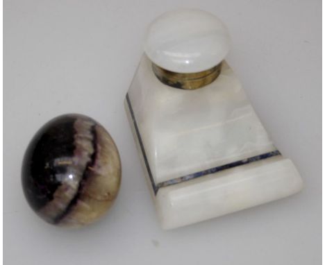 An Art Deco onyx and lapis lazuli line inlaid small desk inkwell inscribed Aspreys London, length 8cm and a Blue John egg, le